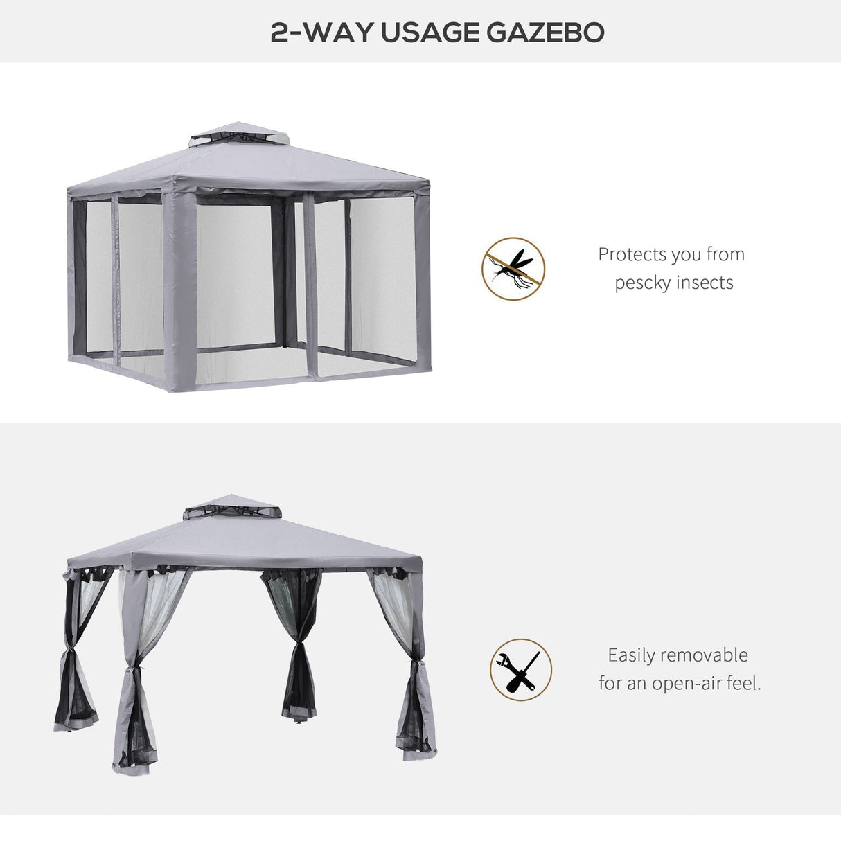 Metal Gazebo 3 x 3 m Double Roof Outdoor Canopy with Mesh Sidewalls, Grey