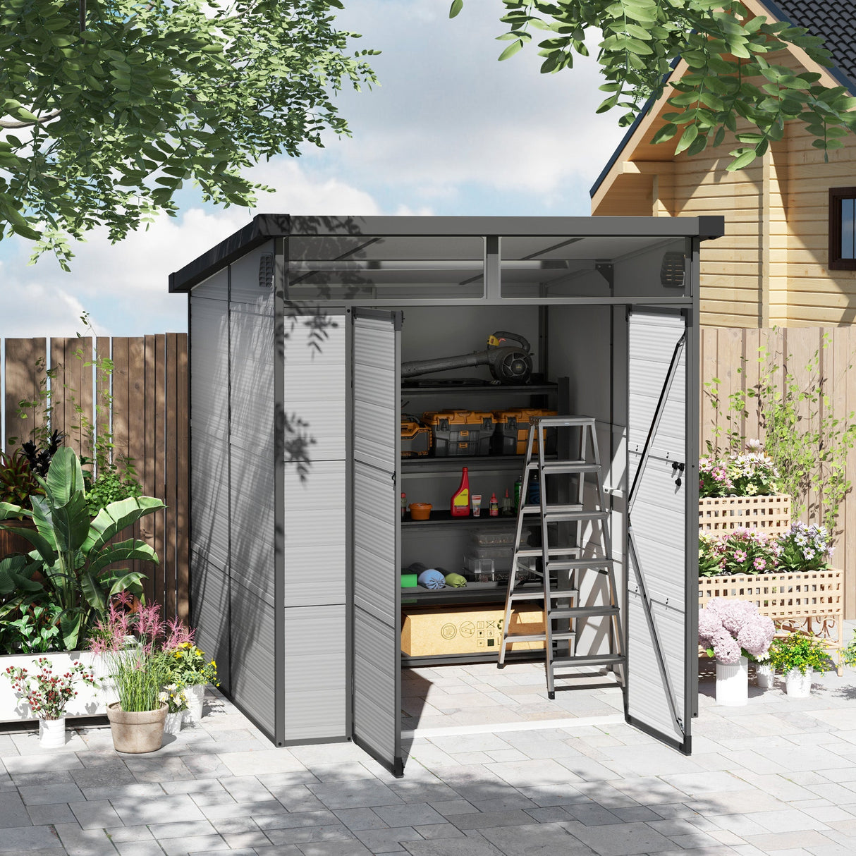 Outdoor Storage Shed, 6 x 6ft with Windows and Air Vents, Light Grey