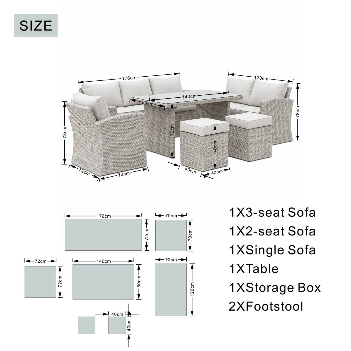 8 Seater Outdoor Rattan Sofa Set with Side Table & Footstools - Garden Furniture Set, Whitewash