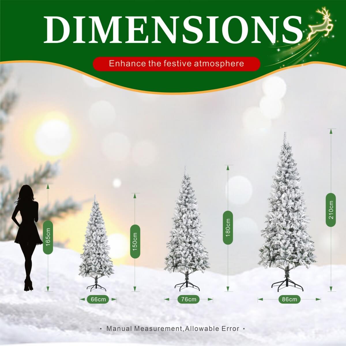 Snow-Flocked Green Artificial Christmas Tree - Realistic Full PVC Xmas Tree with Faux Snow Effect for Indoor Christmas Decoration, 5ft/6ft/7ft