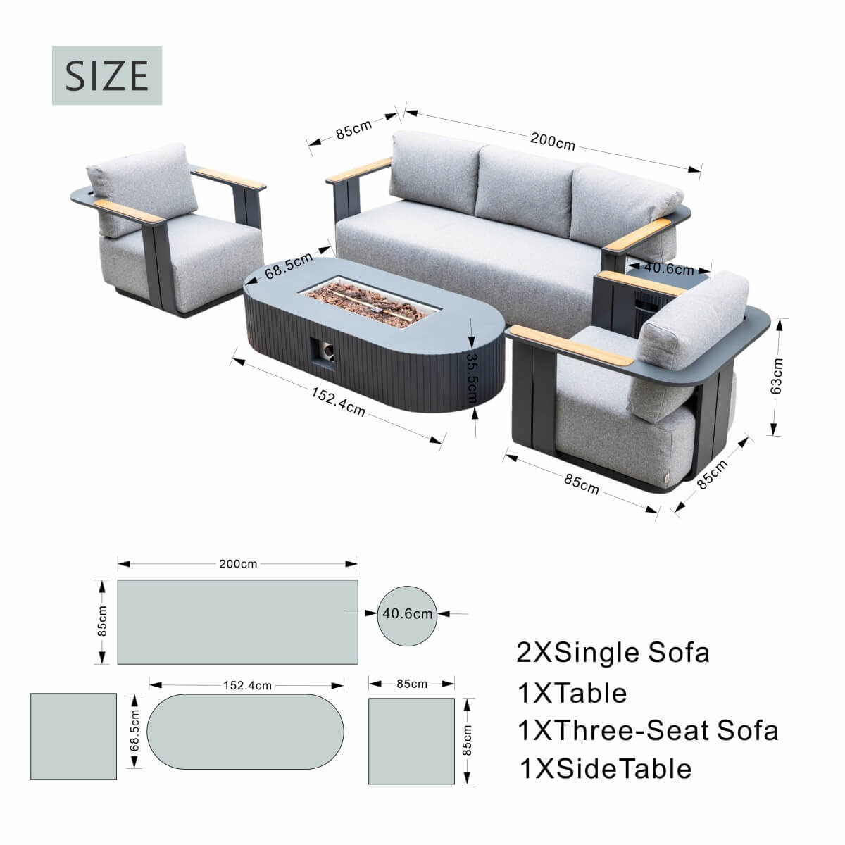 VAREL 4-Piece Sofa Set with LYRIN Fire Pit Table (2 Armchairs + 3-Seater)