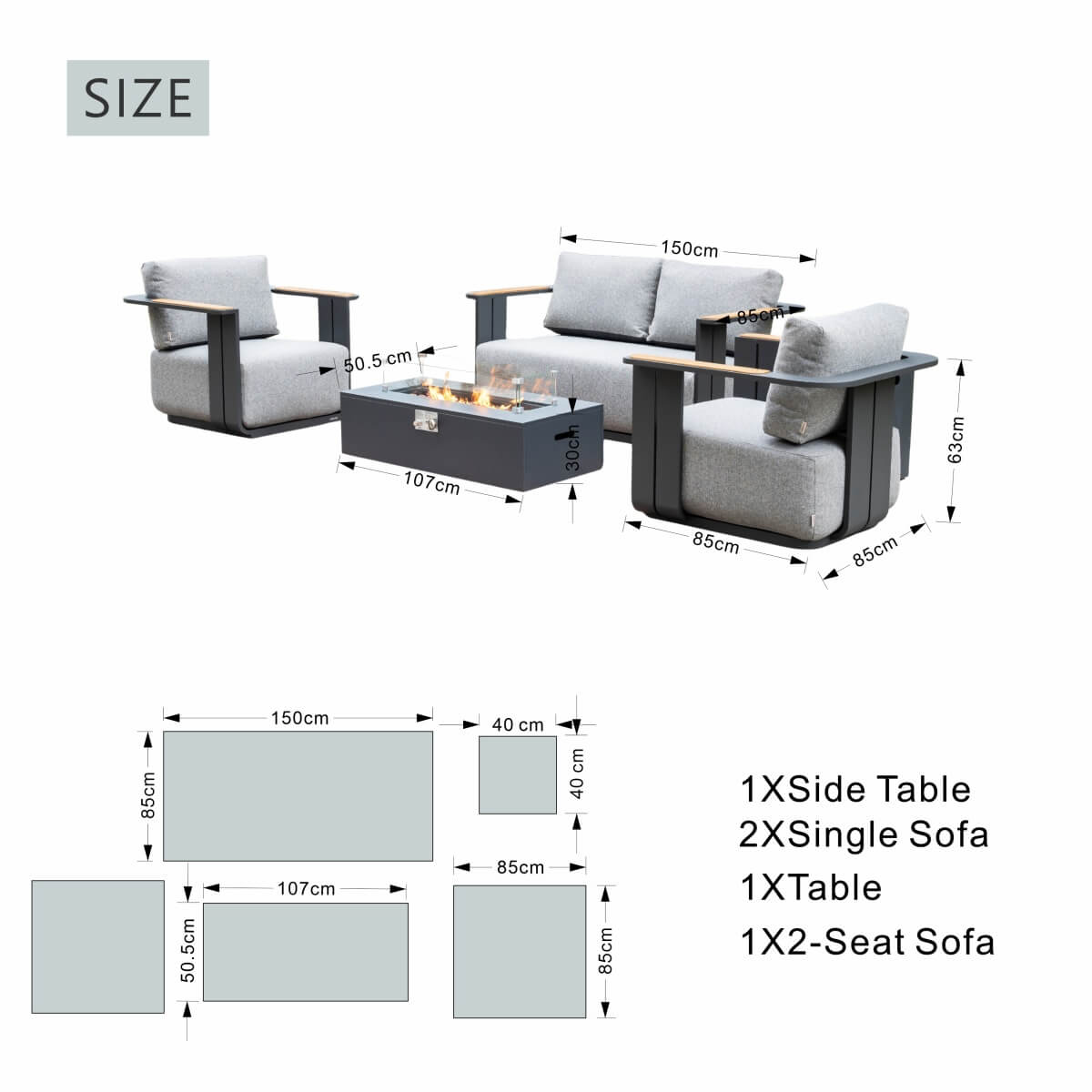 VAREL 4-Piece Sofa Set with ZENITH Fire Pit Table (2 Armchairs + 2-Seater)