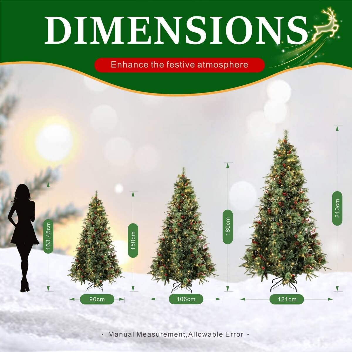 Realistic Green Artificial Christmas Tree with Pine Cones & Red Berries - Pre-Lit Warm White LED PVC Xmas Tree, Easy Setup, 5ft/6ft/7ft