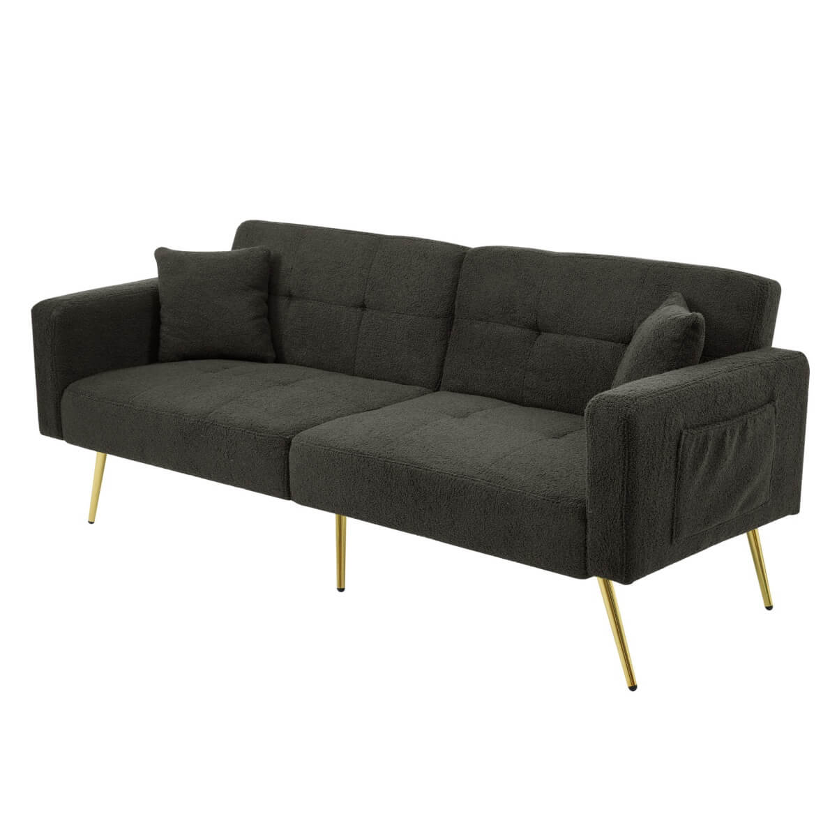 Modern Convertible Sofa Bed - Adjustable Recliner with Gold Legs and Side Storage Pockets, Dark Gray