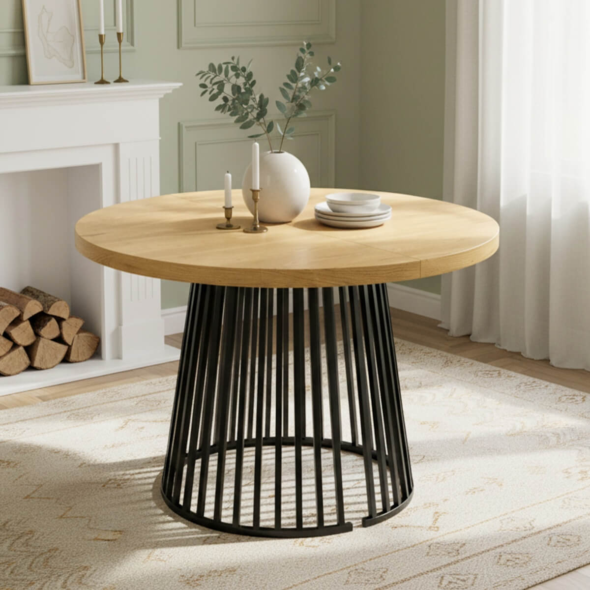 4-8 Seater Extendable Round Dining Table - Round to Oval Kitchen Table with 3cm Thick Tabletop and Metal Pedestal Base, Oak and Black