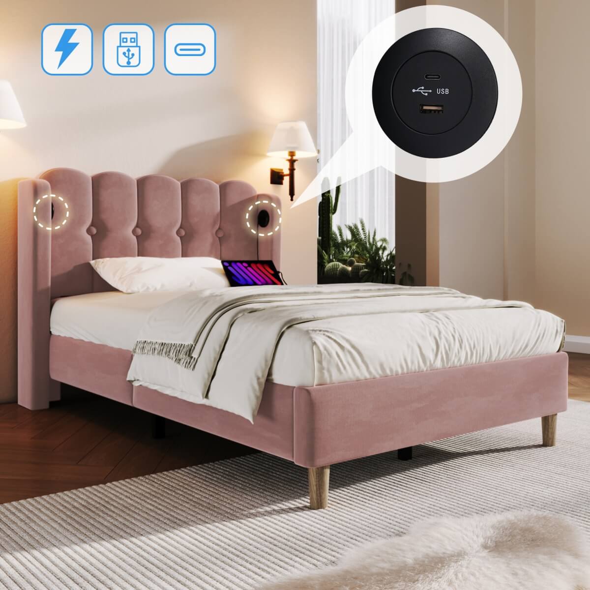 3ft Single Velvet Upholstered Bed with USB Charging - Pink Bed Frame