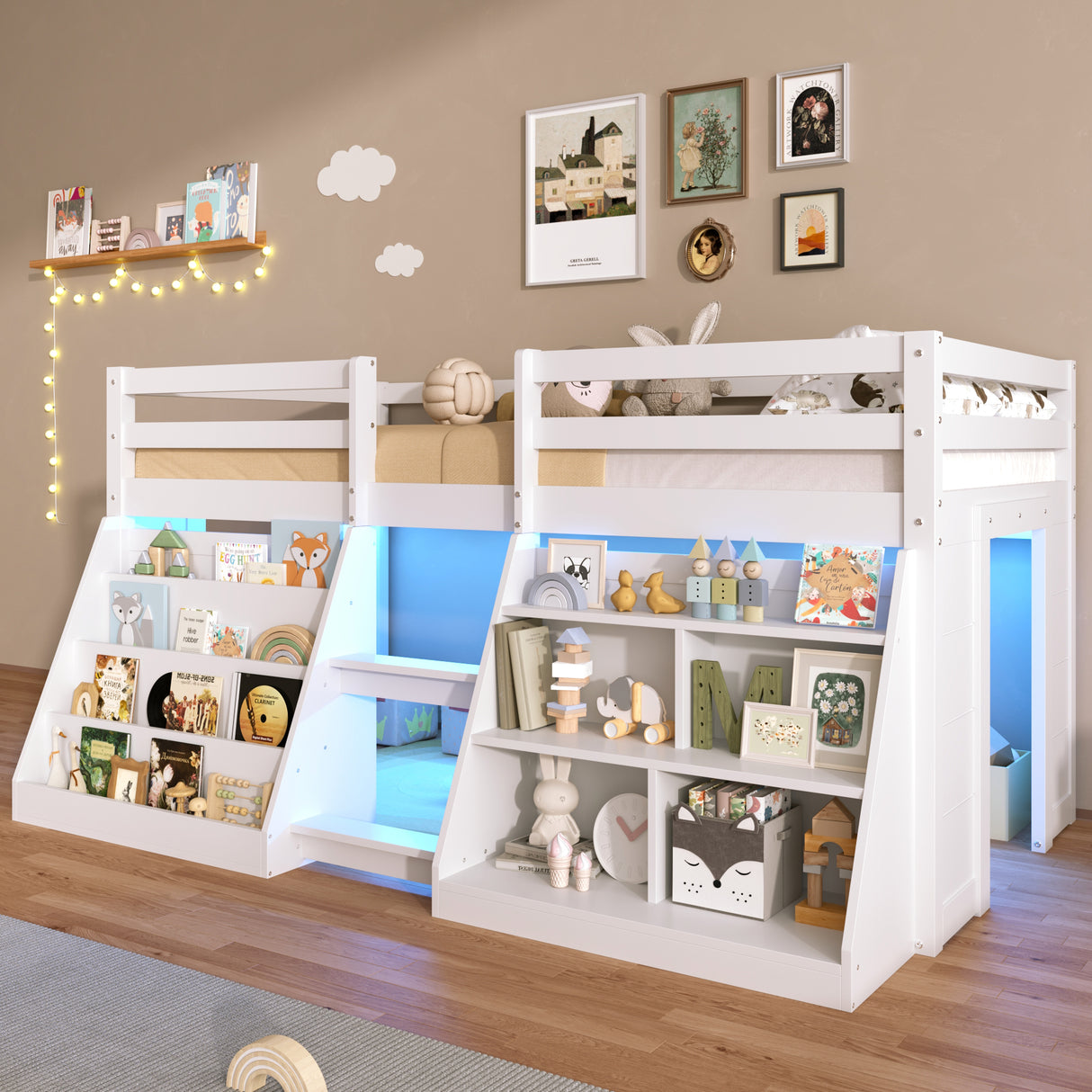 3ft Single Low Loft Bed with LED Light, Wooden Bed Frame with Stairs, Bookcase, Storage Shelf and Under-bed Play Space, Modern Bed with Safety Guardrail, Saving-space Design, White (No Mattress)