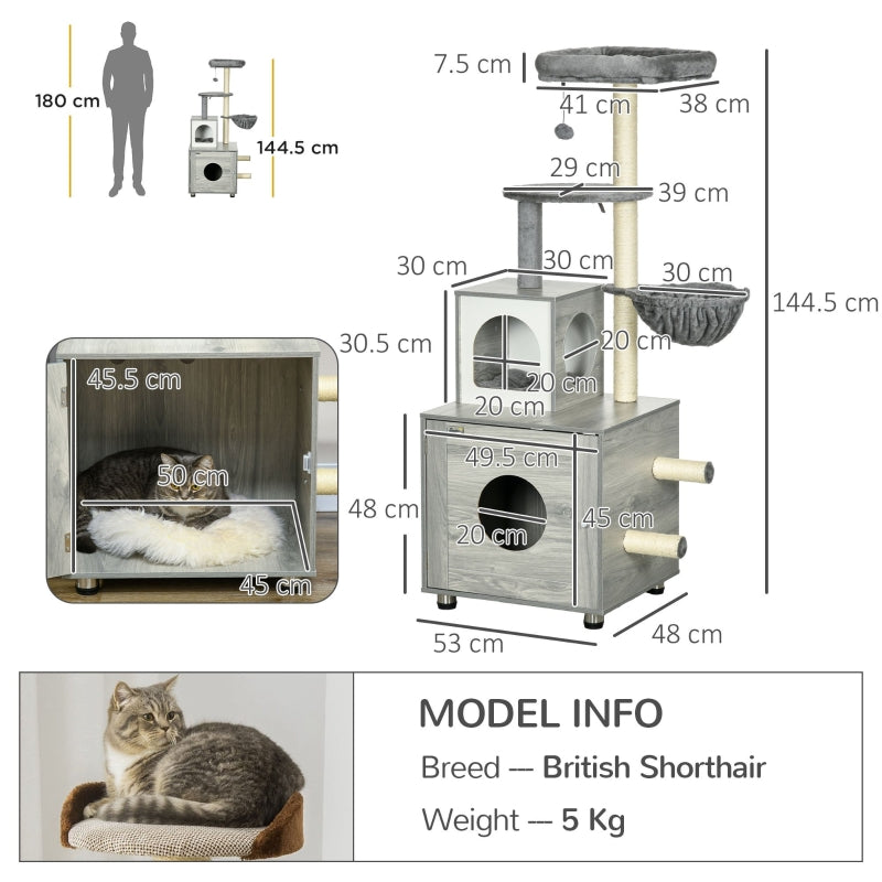 Enclosed Cat Litter Box, Cat House, Cat Bed, Scratching Posts, Platforms, Grey