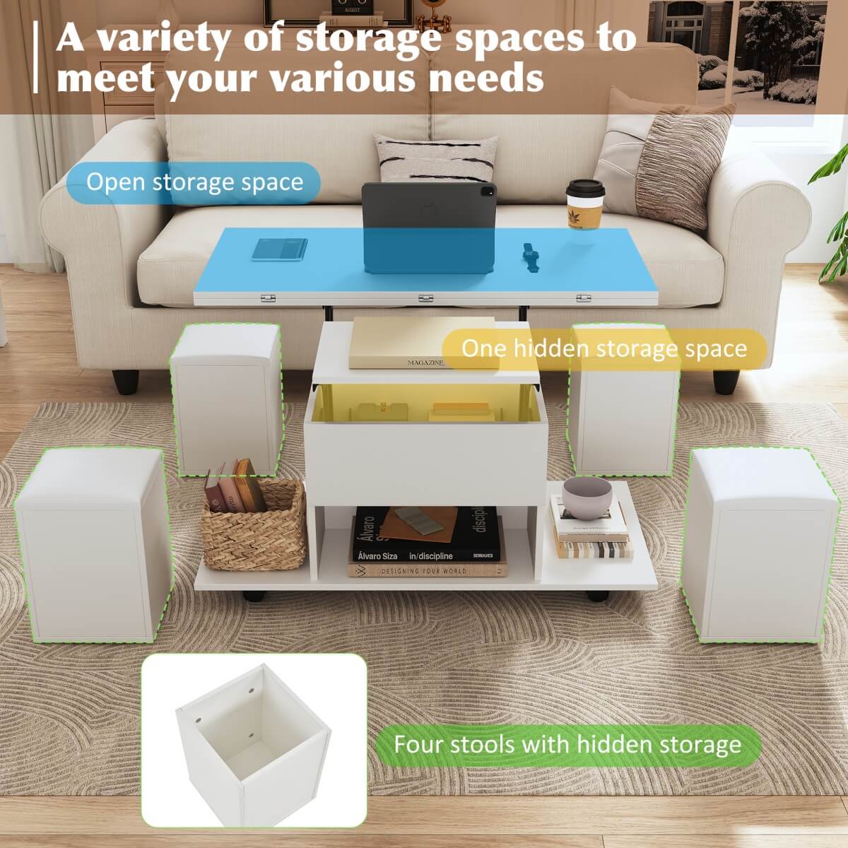White Lift Top Coffee Table with Storage - Modern Living Room Coffee Table with Hidden Storage Compartment
