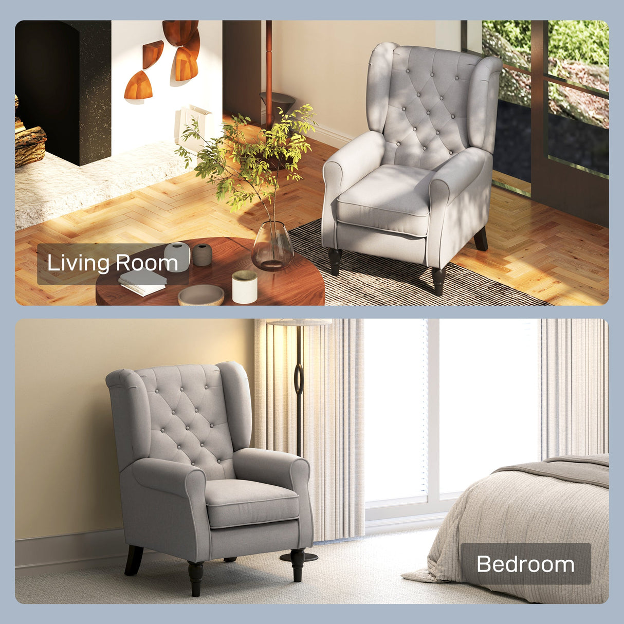 Retro Accent Chair, Wingback Armchair Wood Frame Button Tufted Design, Grey