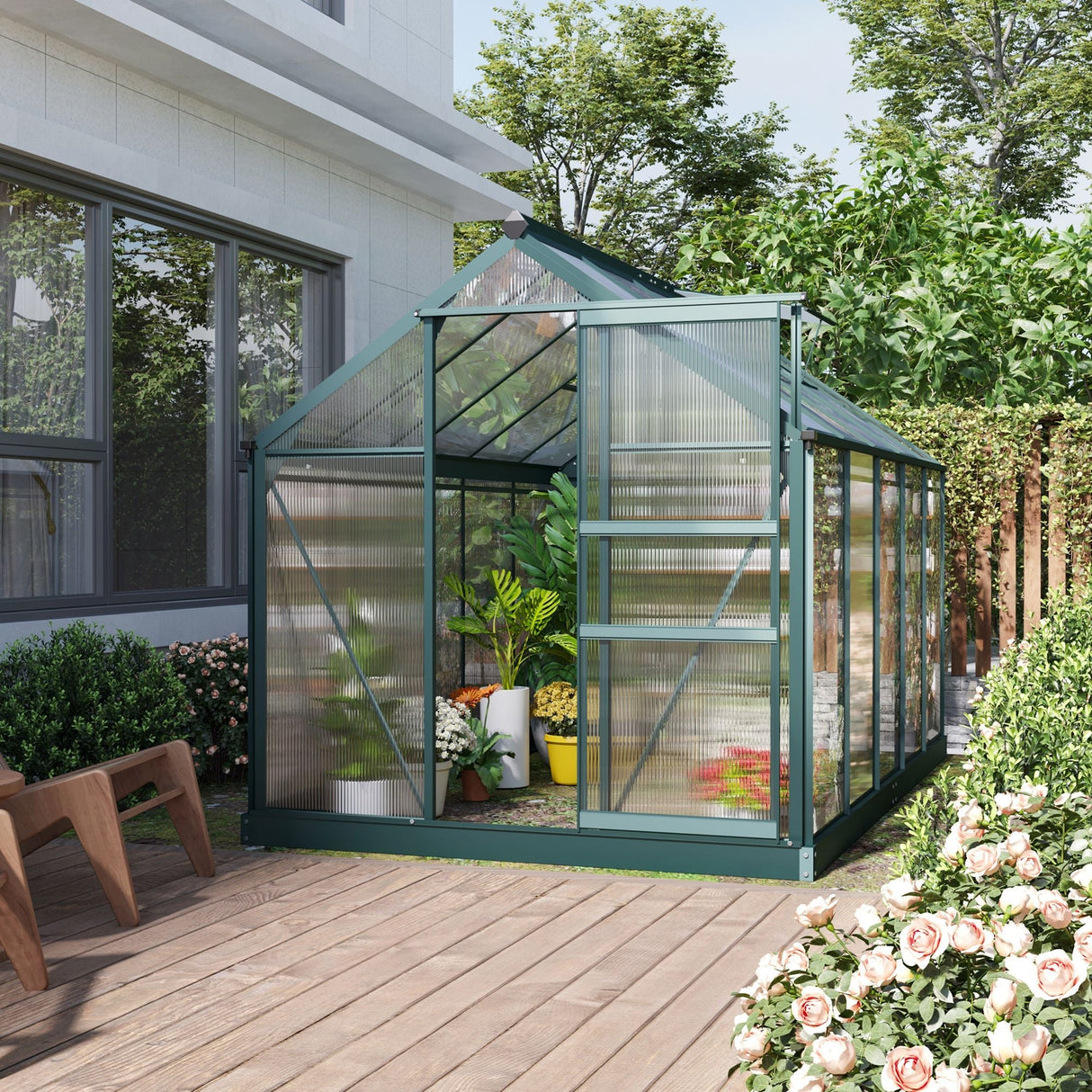 6 x 10ft Polycarbonate Greenhouse, Walk-In with Slide Door and Window, Dark Green