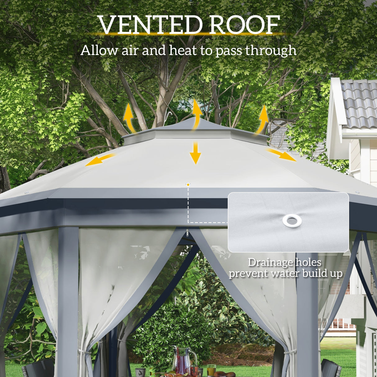 Metal Frame Hexagon Gazebo, 3 x 4m with Curtains - Grey