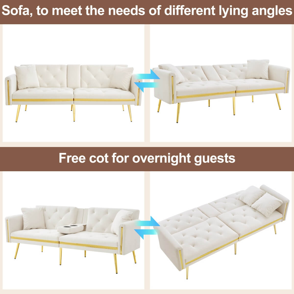 2-Seater Convertible Sofa Bed – Adjustable Backrest with Gold Accents and Built-in Cup Holders