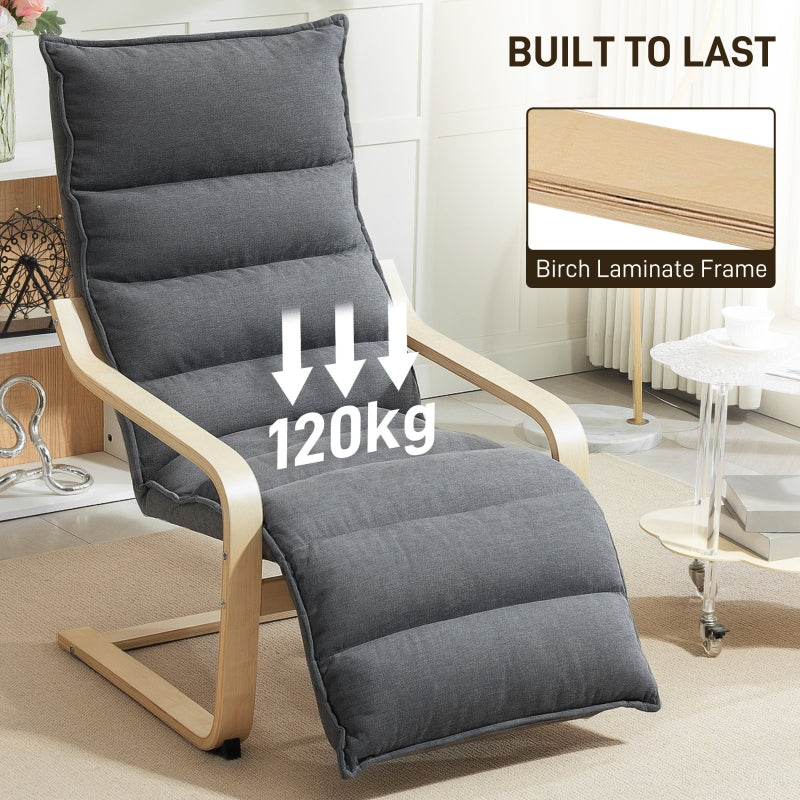 Curved Wooden Accent Chair with Adjustable Footrest, Dark Grey