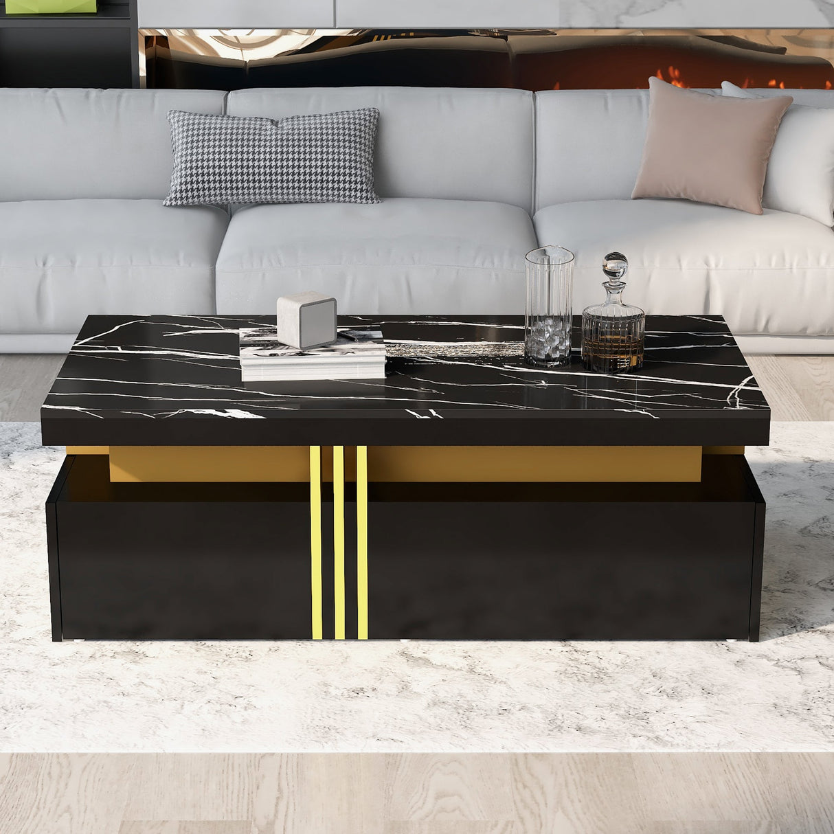 Modern Black Rectangular Coffee Table with Marble Pattern (Triamine Board) Top and 2 Wooden Drawers, Particle Board
