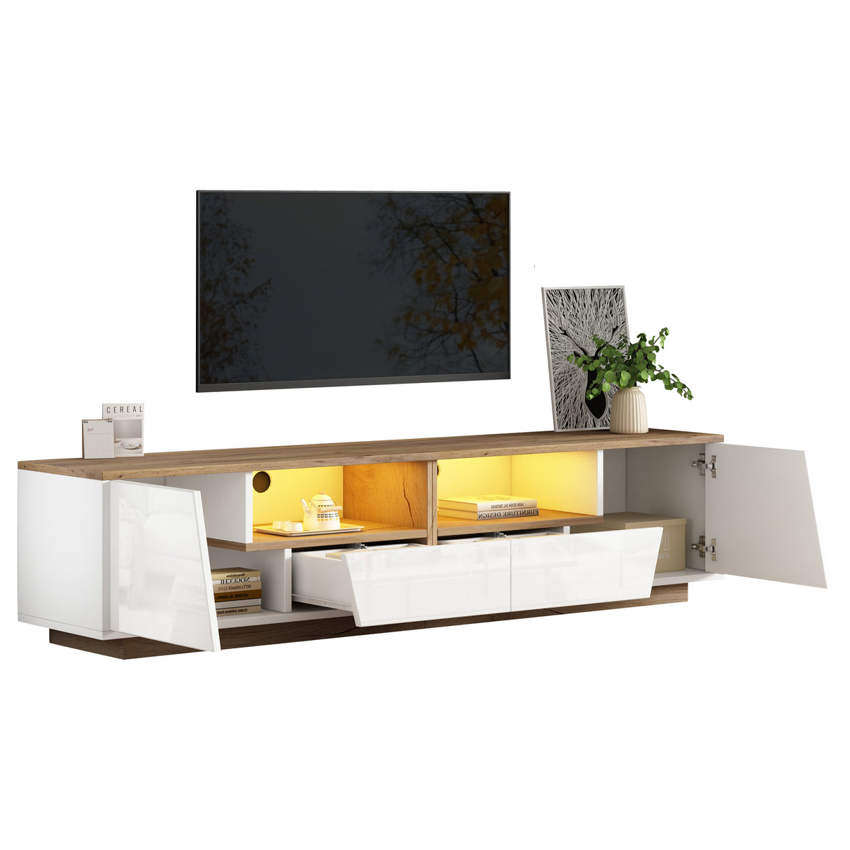 LED TV Stand for 65 Inch TV, Modern Wood Media Console with Storage Drawers, Cabinets and Cable Management, Low Profile Entertainment Center for Living Room Bedroom, White & Oak
