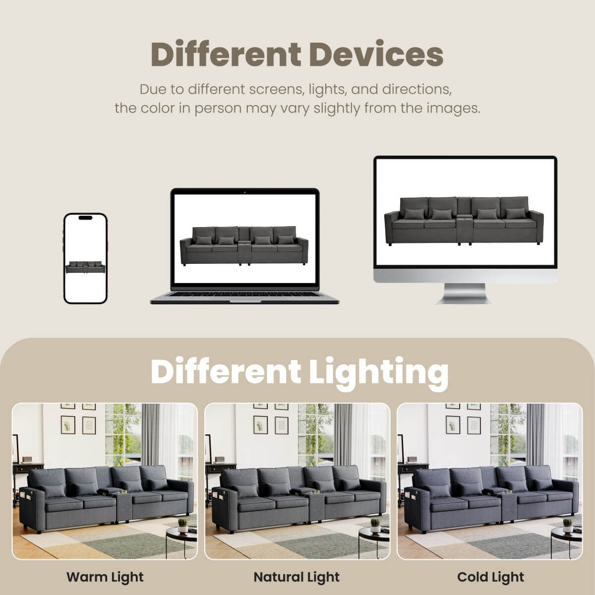 4-Seater Modern Sofa - Grey Linen, Storage Console, Cup Holders & USB/Type-C Charging