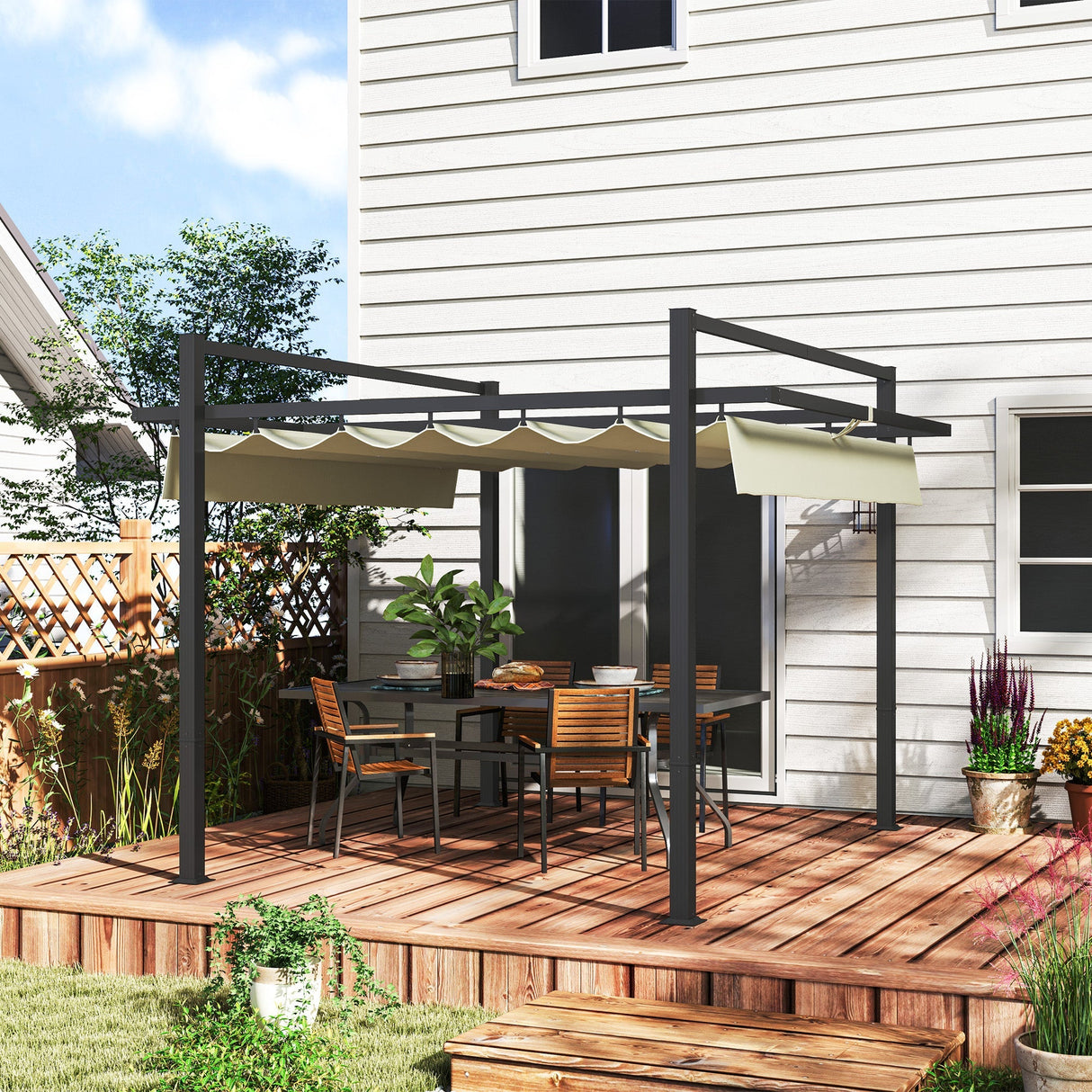 Aluminium Pergola, 3 x 3m with Retractable Roof - Grey/Khaki