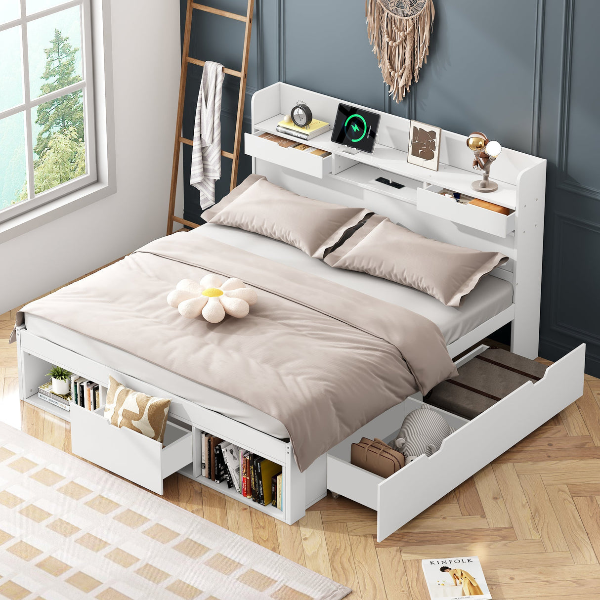 Double Bed 4ft6 (135*190cm) with USB Port, Drawers & Storage Cabinet, White