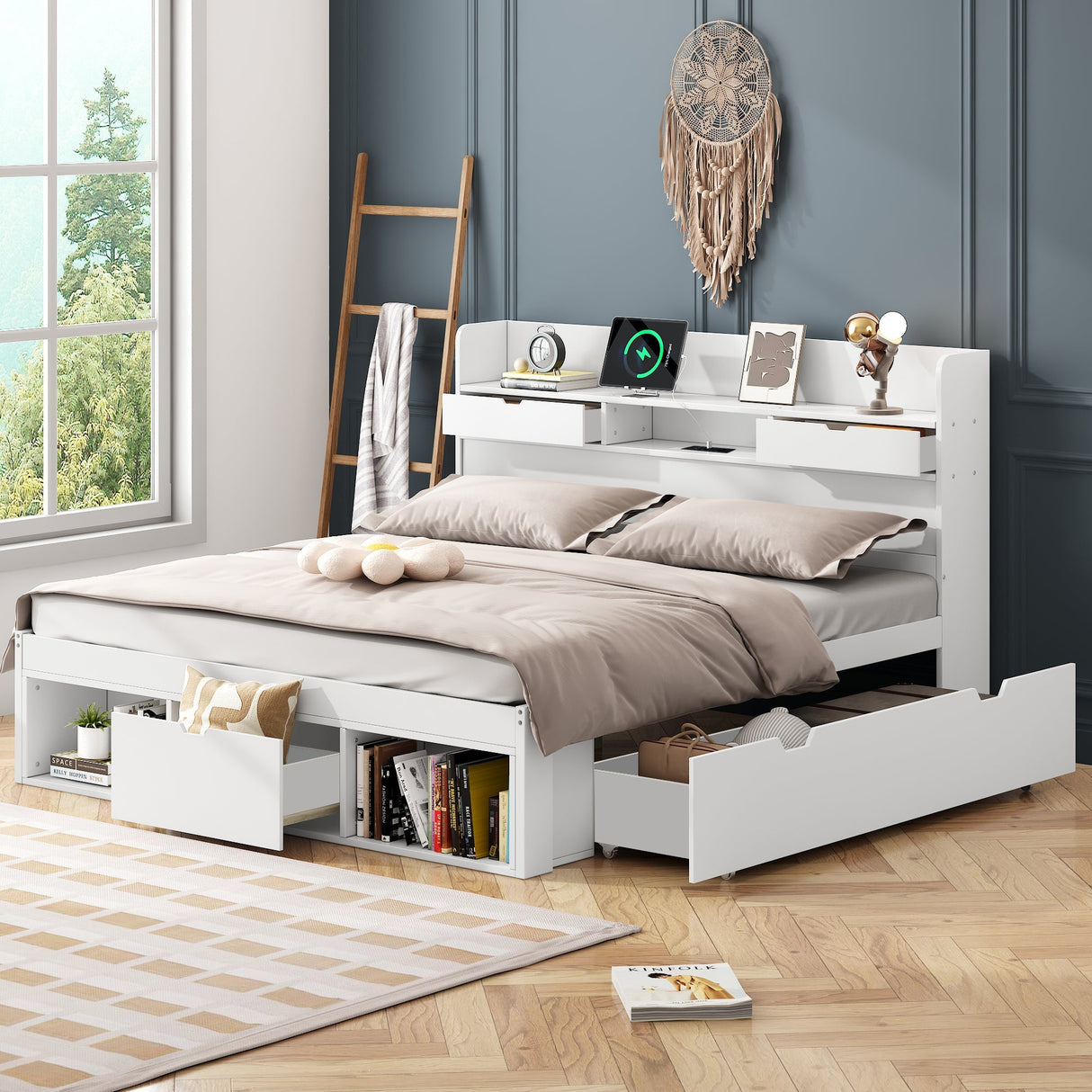 Double Bed 4ft6 (135*190cm) with USB Port, Drawers & Storage Cabinet, White