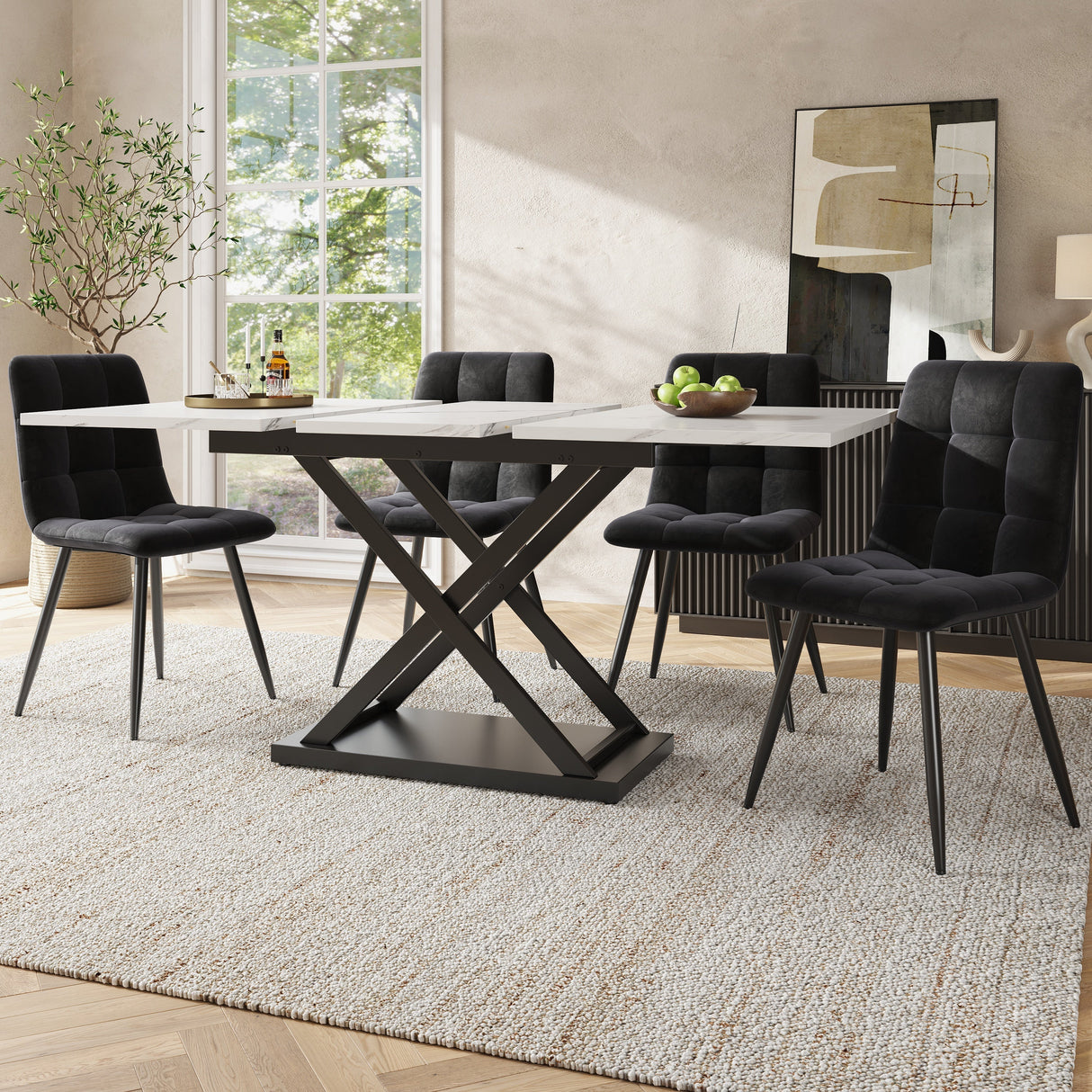 Dining Set (5-Piece) Extendable for 4 People with Black Velvet Chairs and White Marble Table