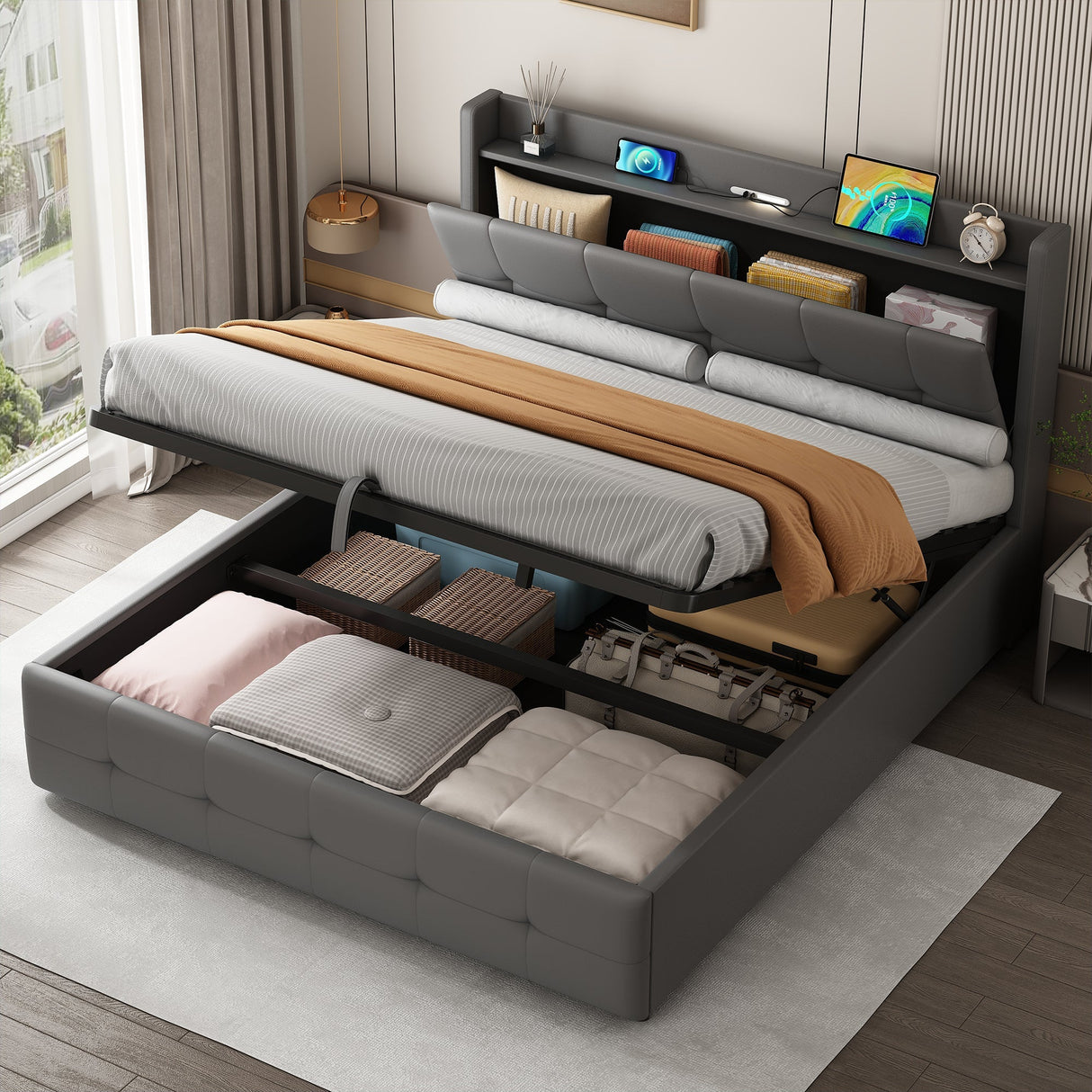 4ft6 Double Upholstered Bed Frame with Hydraulic Storage, Charging Station and LED Night Light, Grey