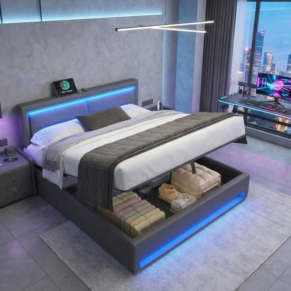4ft6 Double Upholstered Bed - LED Storage Bed with USB & Wireless Charging, Grey