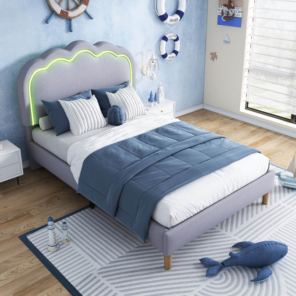 3ft Single Upholstered Bed with LED Lights - Linen Bed Frame with Adjustable Headboard, Grey