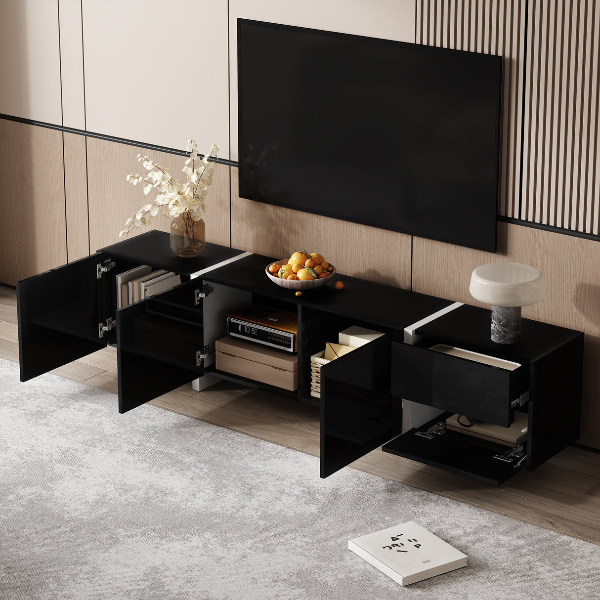 TV Cabinet, High-Gloss with Doors & Drawers, Black & White