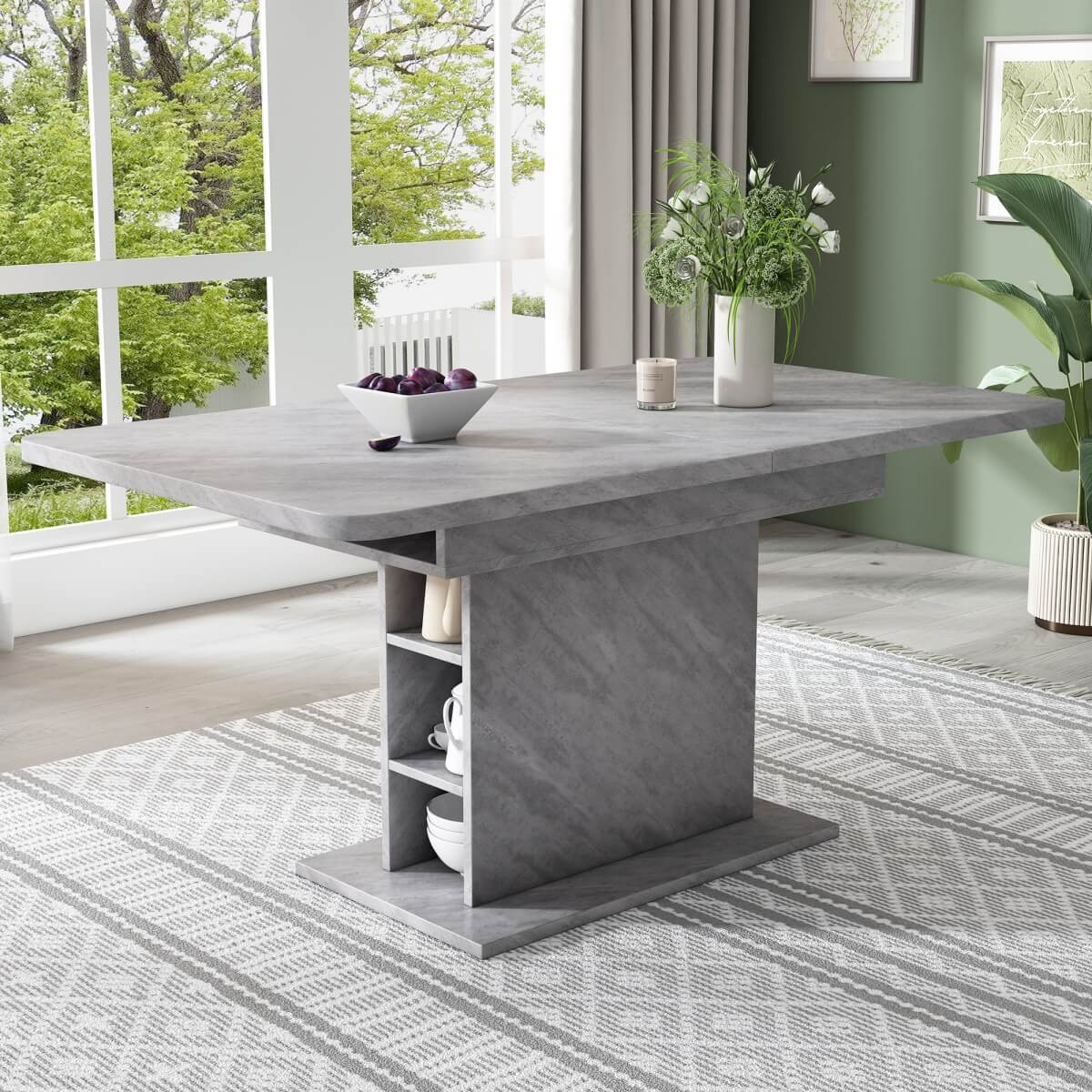 Extendable Dining Table with Storage - Space-Saving Rectangular Table with Metal Frame, Modern Multi-Functional Design, Grey