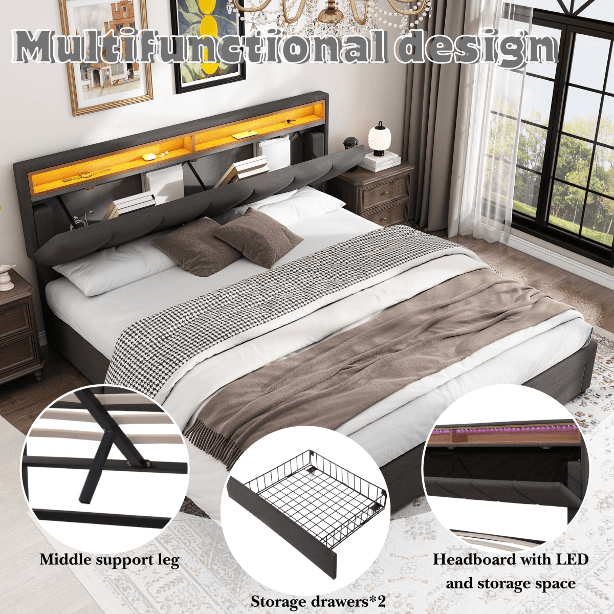 5ft King Upholstered Storage Bed with LED Lights – Hydraulic Bed with Drawers, Bed Box and Stowable Headboard