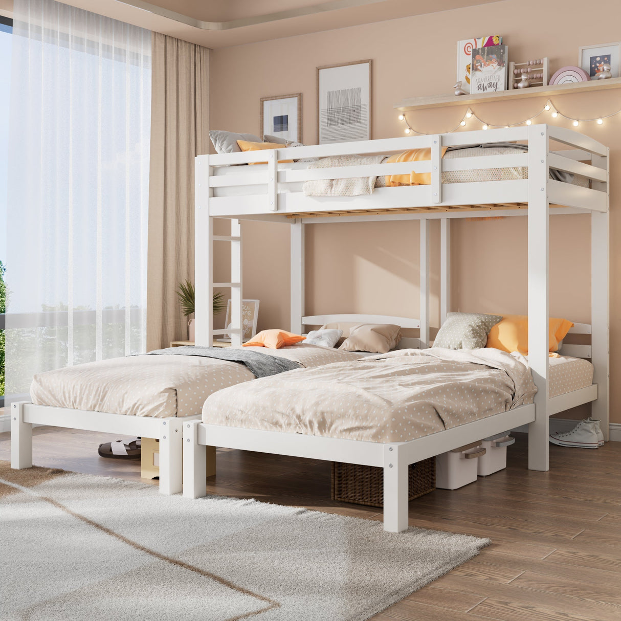 3ft Triple Sleeper Bunk Bed with Side Ladder ¨C White Wooden Bed for Kids & Teens