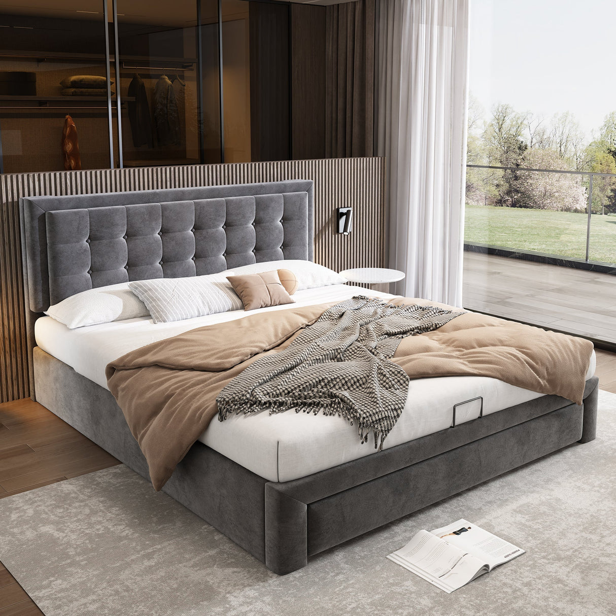 Upholstered Bed, 4ft6 Double (135x190cm) with Large Storage Space, Slats & Headboard, Grey Velvet