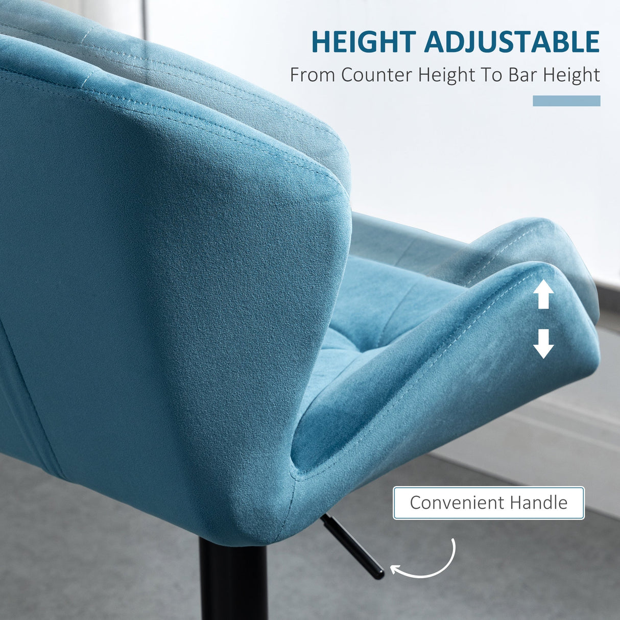 Bar Stools Set Of 2, Adjustable Swivel Velvet-Touch Blue