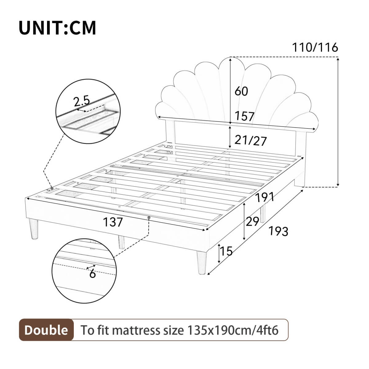4FT6 Double Upholstered Velvet Bed Frame - Adjustable Petal Headboard, Slatted Base
