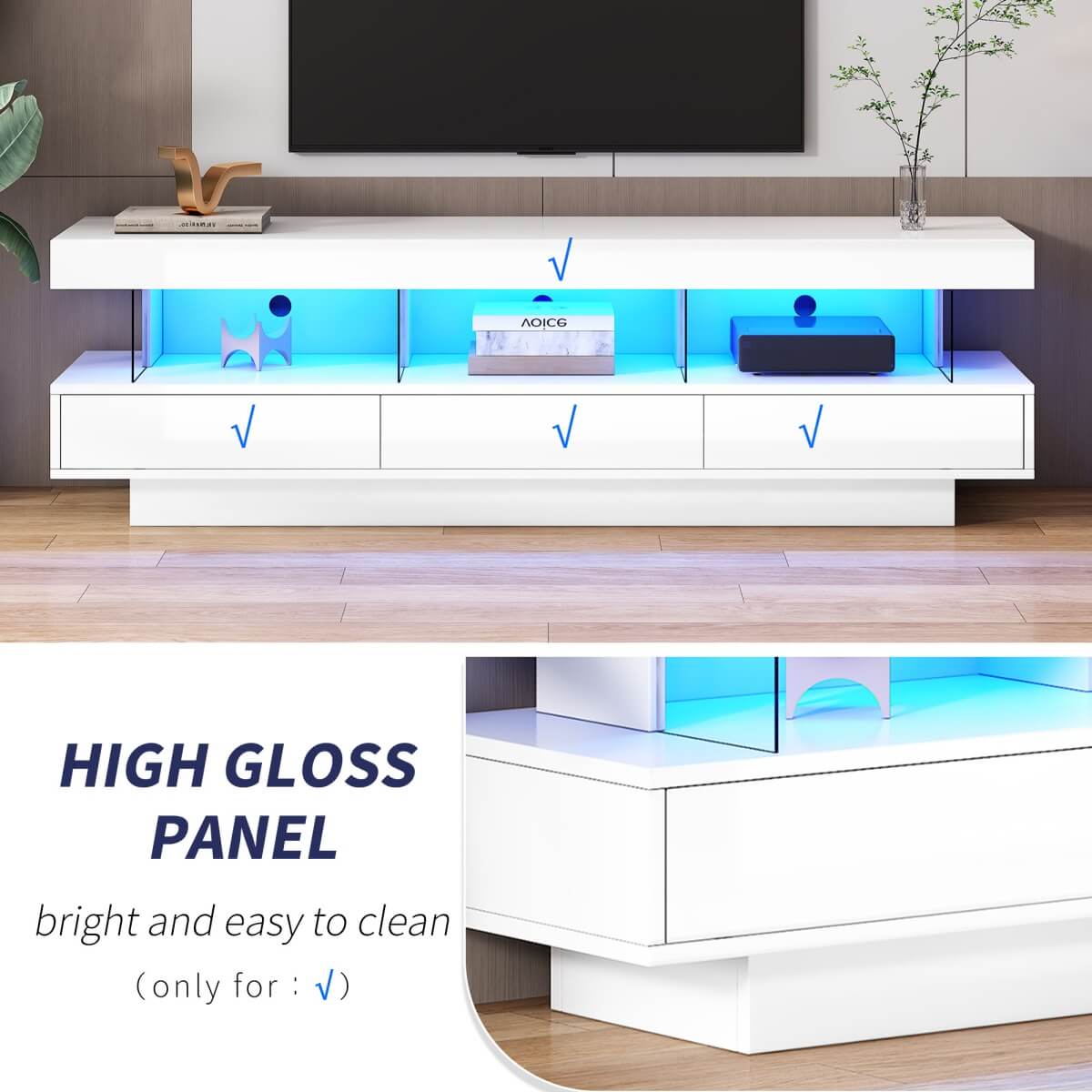 High Gloss LED TV Stand 160cm – 3 Drawers and 3 Open Storage Spaces, Living Room or Bedroom