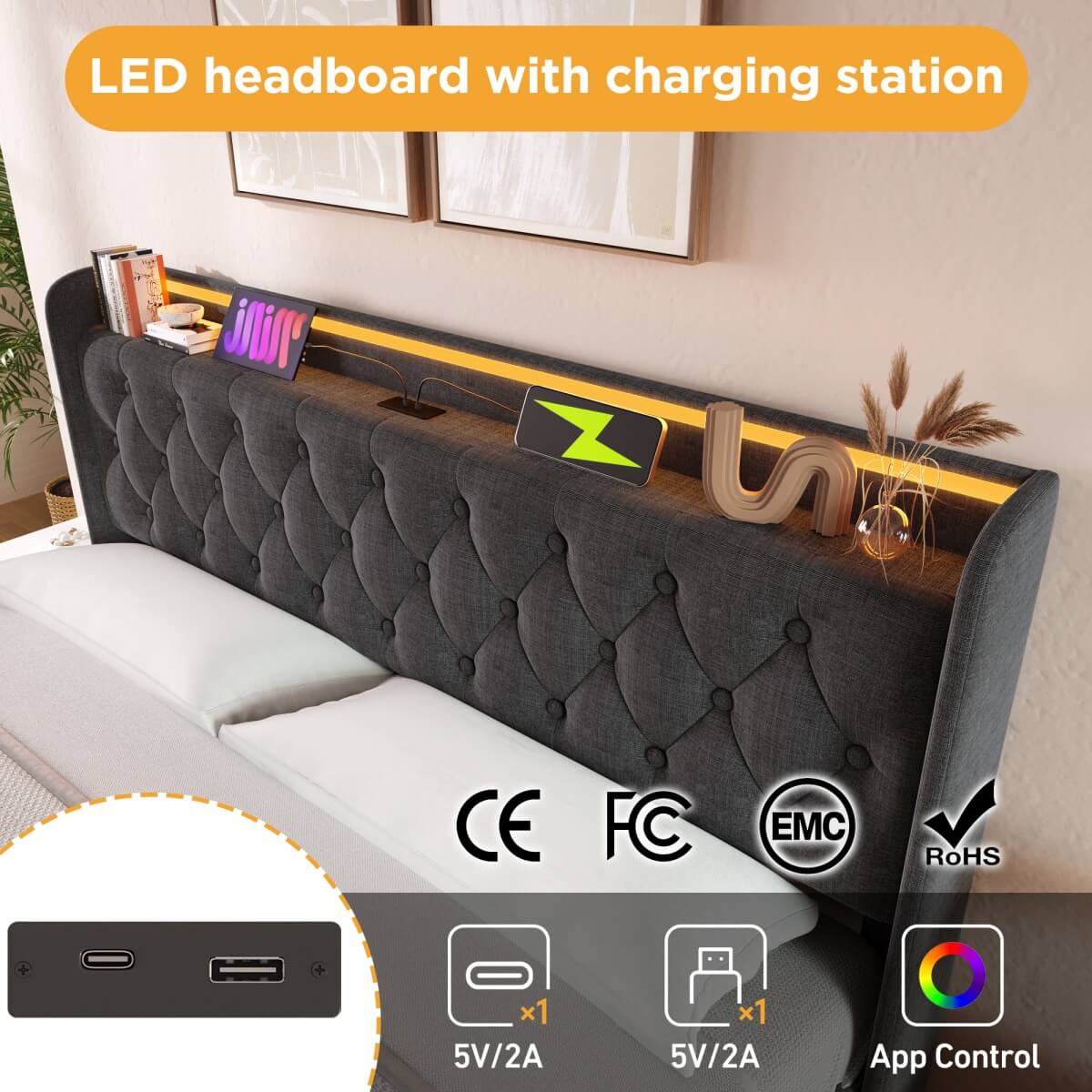 4ft6 Double Ottoman Bed – Grey Linen Upholstered Bed with 360° LED Lighting, Hydraulic Storage and USB Charging