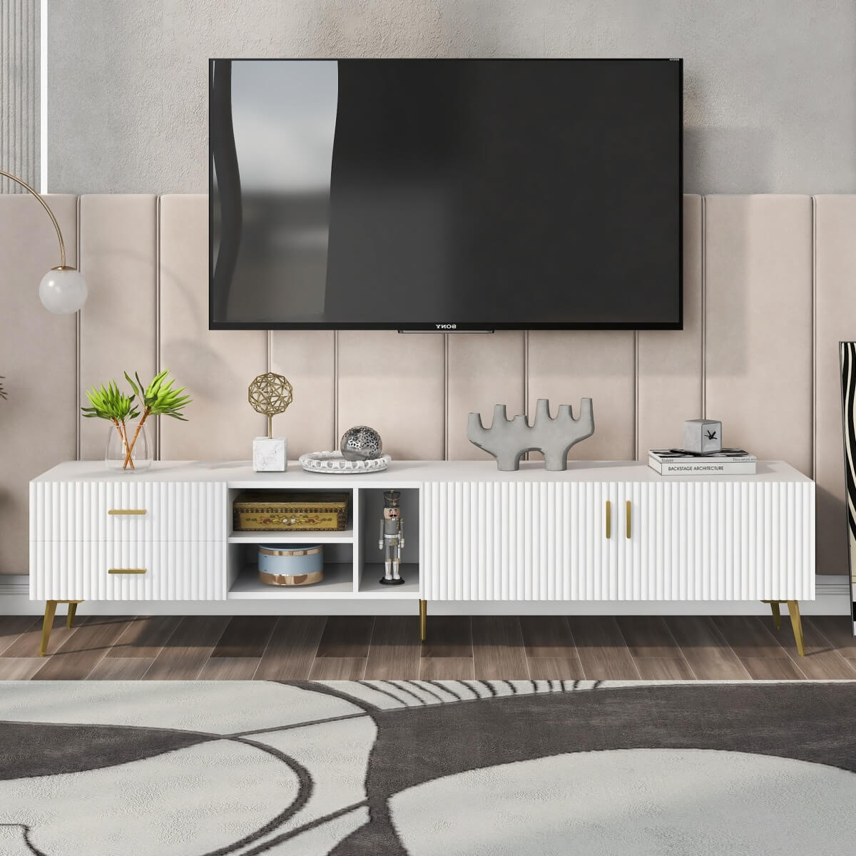 Modern White TV Stand for 75 Inch TV - TV Cabinet, Lowboard Media Console & Entertainment Center