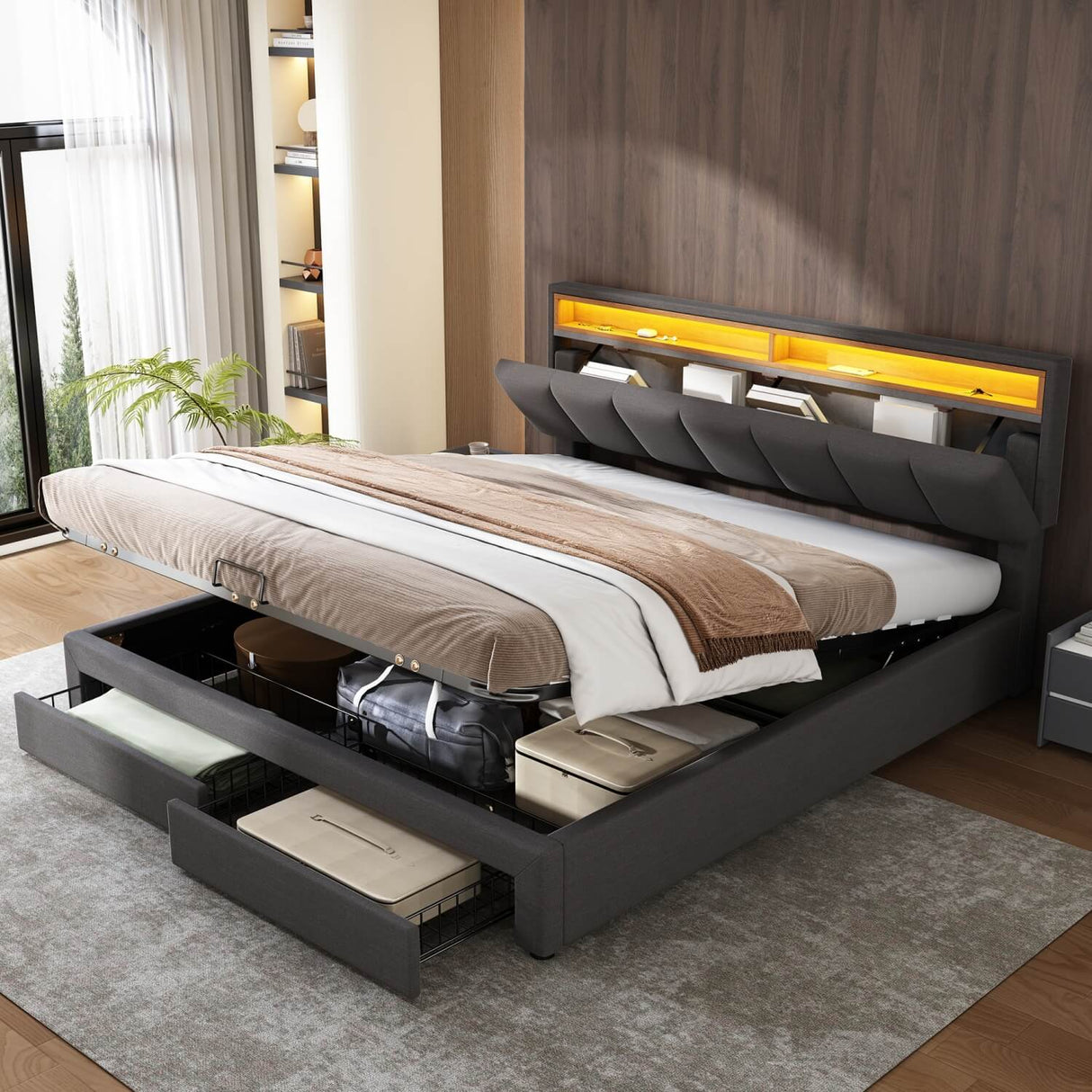 5ft King Upholstered Storage Bed with LED Lights – Hydraulic Bed with Drawers, Bed Box and Stowable Headboard