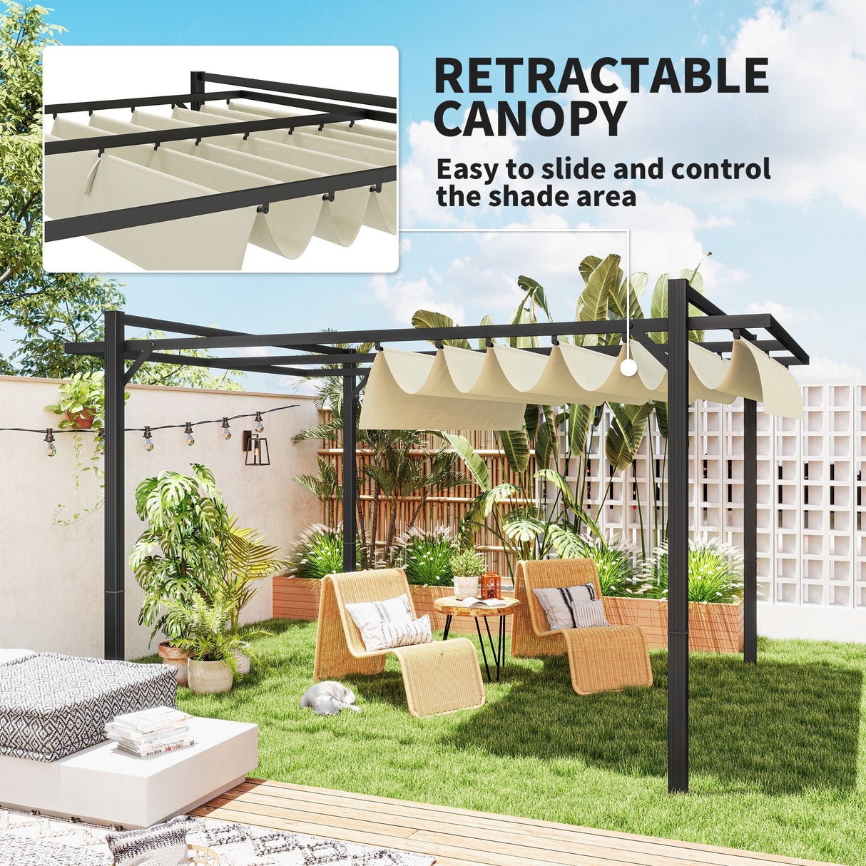 Aluminium Pergola, 3 x 4m with Retractable Roof - Grey/Khaki