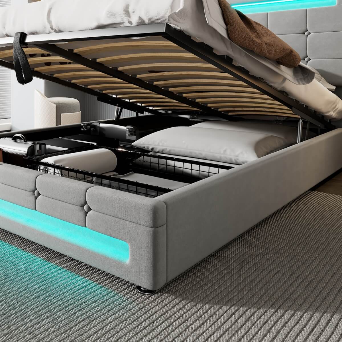 4ft6 Double Velvet Ottoman Bed - LED Storage Bed Frame with 7 Colour Lights, Grey