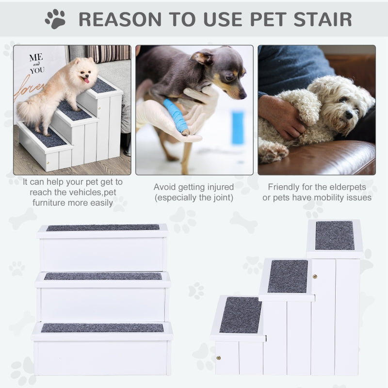 3 Step Wooden Dog Steps Pet Stairs with Storage, White