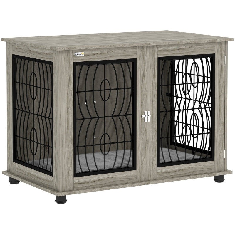 PawHut Dog Crate End Table with Cushion, Lockable Door - Grey