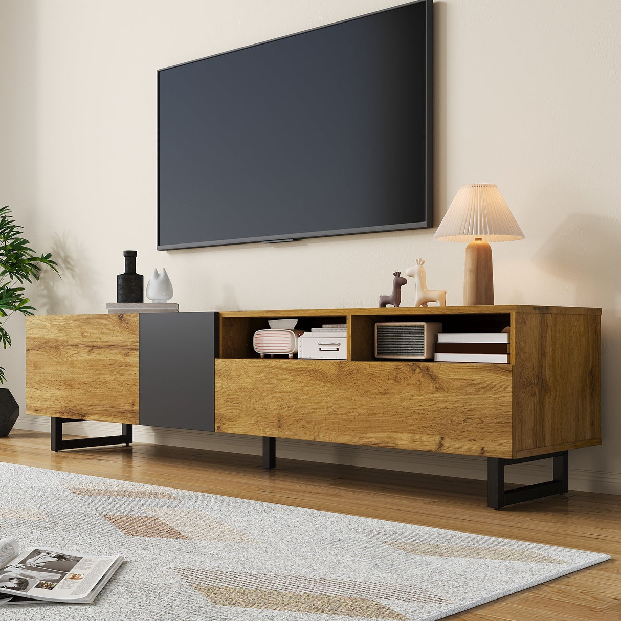 Colorblock TV Cabinet, Three Doors Two Compartments U-Shaped Legs, Retro Wood Grain