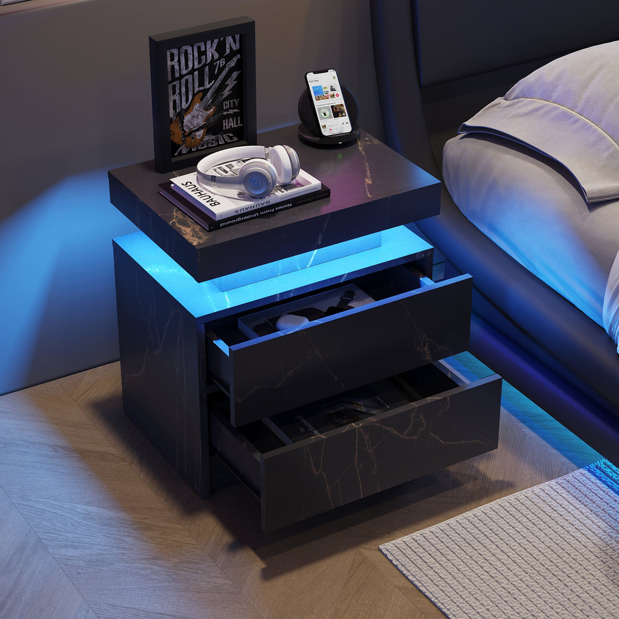 Nightstand with LED Bedside Table Cabinet Lights and 2 Drawers, Black Gold