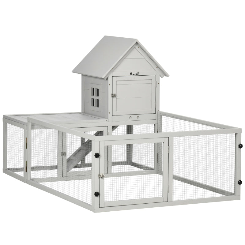 Indoor Rabbit Hutch Guinea Pig Cage with Slide-Out Tray, Large Fenced Area - Light Grey
