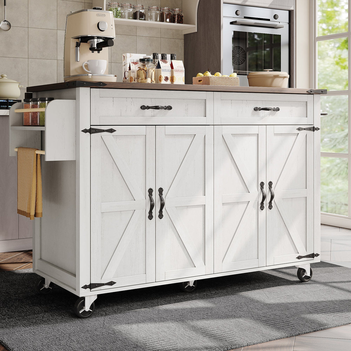 Farmhouse Style Rolling Kitchen Island Storage Trolley with Large Cabinet, 2 Drawers, Adjustable Shelf, Spice & Towel Rack, White
