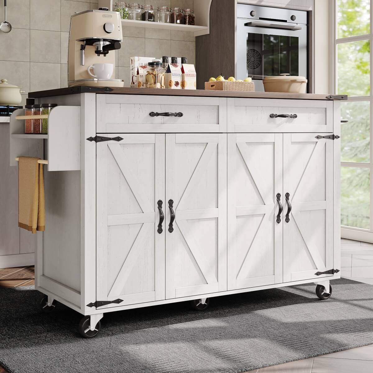 Farmhouse Kitchen Island Trolley - Rolling Storage Cabinet with Drawers, Adjustable Shelf & Spice Rack, White