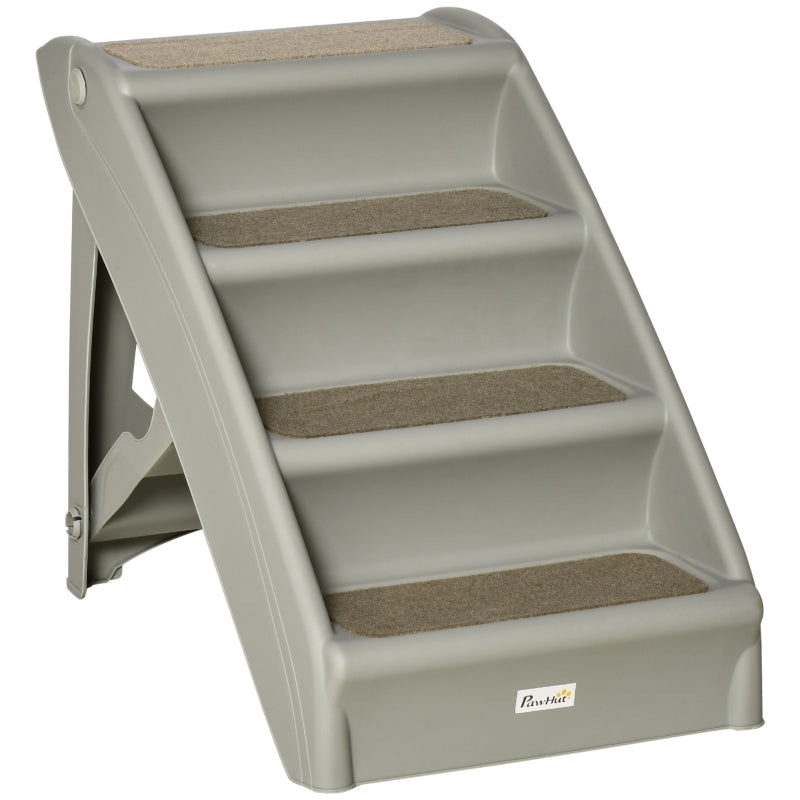 Foldable Four-Step Pet Stairs, Non-Slip Mats - Grey