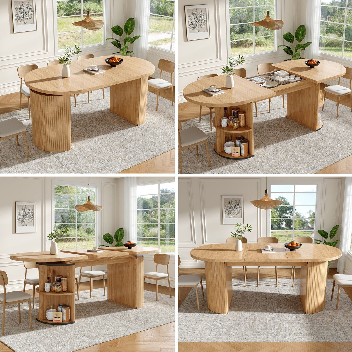 Extendable dining table with hidden storage compartment, thickened tabletop for high stability, flexibly adaptable for small spaces, kitchen, study and living room, natural brown